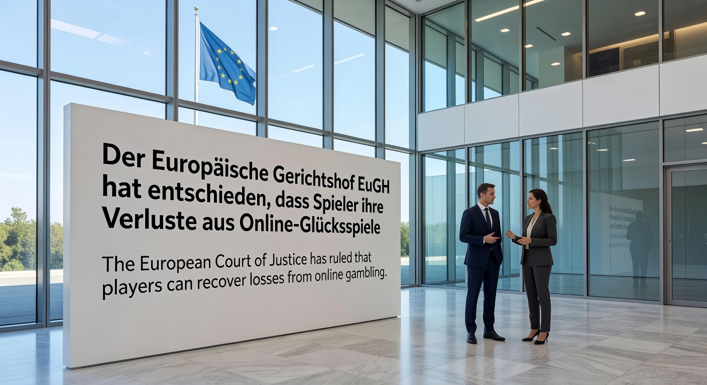 Symbolbild eines Spielers am Laptop mit Online-Casino-Seite, daneben Euro-Scheine und ein Gerichtshammer, illustrierend Verluste und Rechtsstreitigkeiten